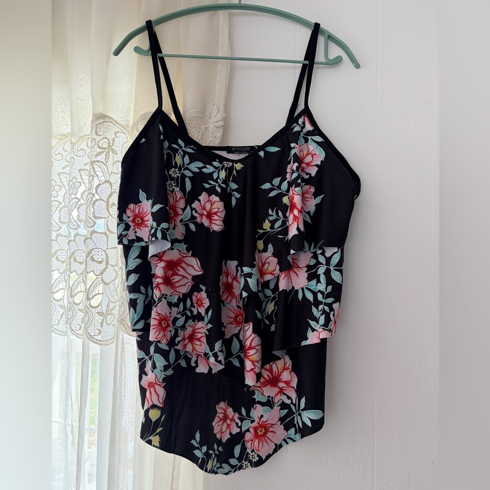 Floral Tankini Swim Top Ruffle Triple Tiered Size 18W Spaghetti Straps‎ Resort